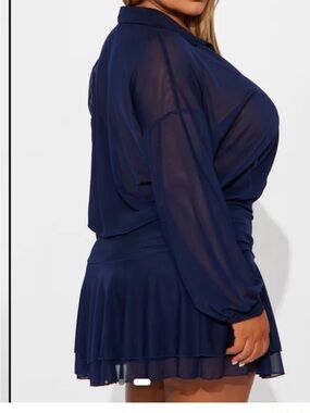 Fashion Nova Navy Blue Sheer Long Sleeve Mini Dress